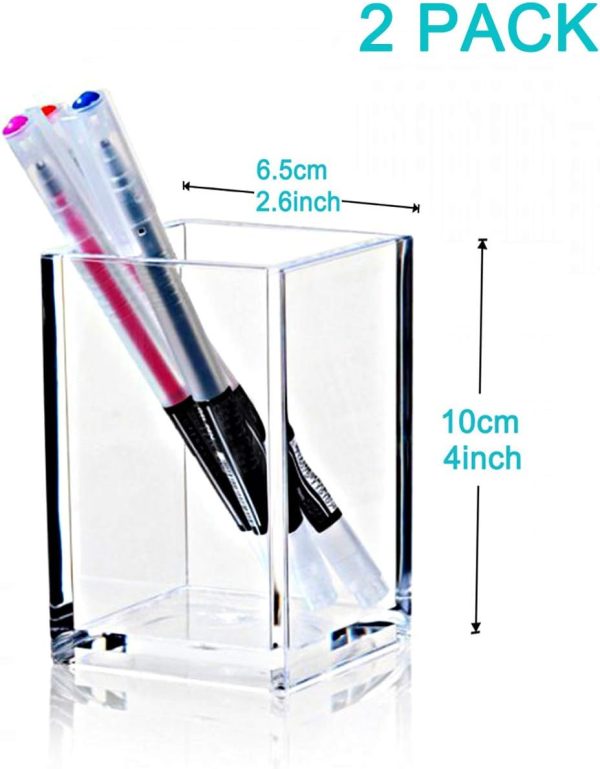 2 Pack Clear Acrylic Pencil Pen Holder Cup,Desk Accessories Holder,Makeup Brush Storage Organizer,Modern Design Desktop Stationery Organizer for Office School Home Supplies,2.6x 2.6x 4 inches - Image 5