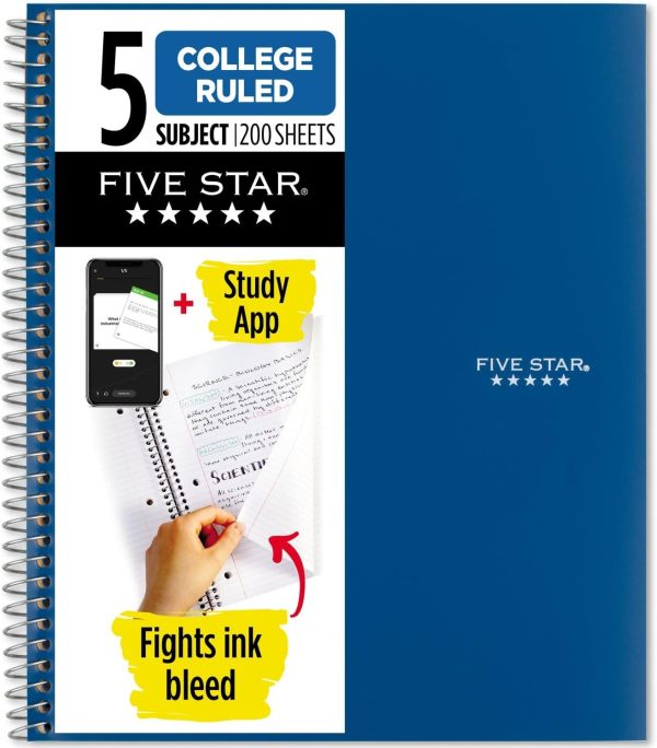 Five Star Spiral Notebook + Study App, 5 Subject, College Ruled Paper, Fights Ink Bleed, Water Resistant Cover, 8-1/2" x 11", 200 Sheets, Blue (73635)