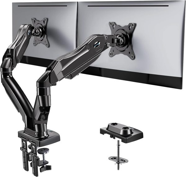 HUANUO Dual Monitor Stand - Full Adjustable Monitor Desk Mount Swivel Vesa Bracket with C Clamp, Grommet Mounting Base for 13 to 30 Inch Computer Screens - Each Arm Holds 4.4 to 19.8lbs