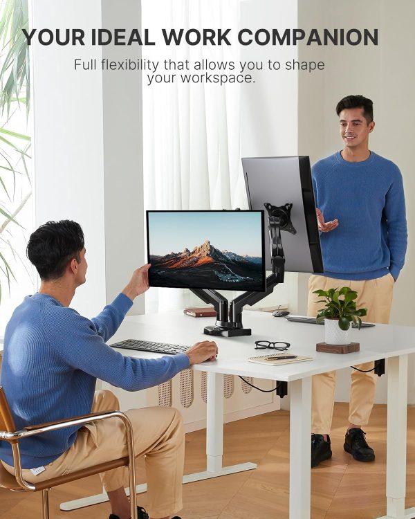 HUANUO Dual Monitor Stand - Full Adjustable Monitor Desk Mount Swivel Vesa Bracket with C Clamp, Grommet Mounting Base for 13 to 30 Inch Computer Screens - Each Arm Holds 4.4 to 19.8lbs - Image 6