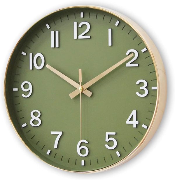 HZDHCLH Wall Clocks Battery Operated,12 inch Silent Non Ticking Modern Wall Clock for Living Room Bedroom Kitchen Office Classroom Decor (Olive Green and Gold) - Image 3