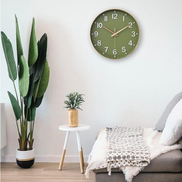 HZDHCLH Wall Clocks Battery Operated,12 inch Silent Non Ticking Modern Wall Clock for Living Room Bedroom Kitchen Office Classroom Decor (Olive Green and Gold) - Image 4