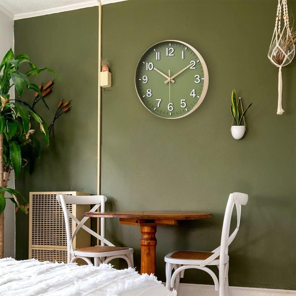 HZDHCLH Wall Clocks Battery Operated,12 inch Silent Non Ticking Modern Wall Clock for Living Room Bedroom Kitchen Office Classroom Decor (Olive Green and Gold) - Image 5