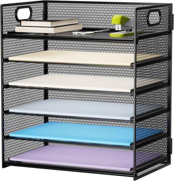 Marbrasse 6 Tier Paper Organizer Letter Tray - Mesh Desk File Organizer with Handle, Paper Sorter Organizer for Letter/A4 Office File Folder Holder - Black