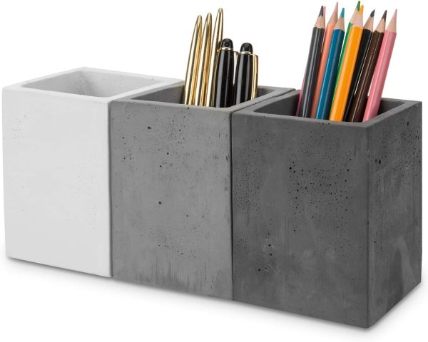 MyGift Modern Gray-Tone Concrete Desktop Pencil Holder Cup and Pen Holder, Office Stationery Organizer, Set of 3