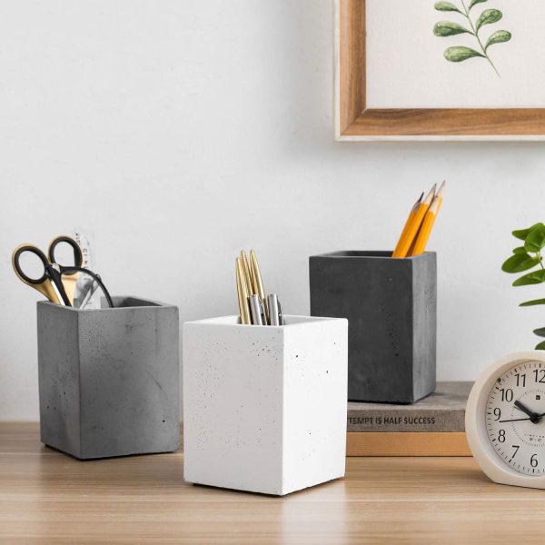 MyGift Modern Gray-Tone Concrete Desktop Pencil Holder Cup and Pen Holder, Office Stationery Organizer, Set of 3 - Image 2