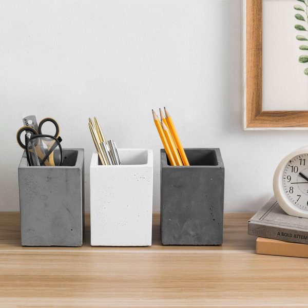 MyGift Modern Gray-Tone Concrete Desktop Pencil Holder Cup and Pen Holder, Office Stationery Organizer, Set of 3 - Image 3