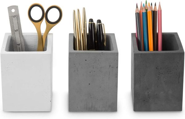 MyGift Modern Gray-Tone Concrete Desktop Pencil Holder Cup and Pen Holder, Office Stationery Organizer, Set of 3 - Image 4