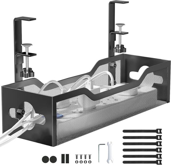Under Desk Cable Management Tray, 15.7'' No Drill Steel Desk Cable Organizers, Wire Management Tray Cable Management Rack, Desk Cable Tray with Wire Organizer and Desk Cord Organizer