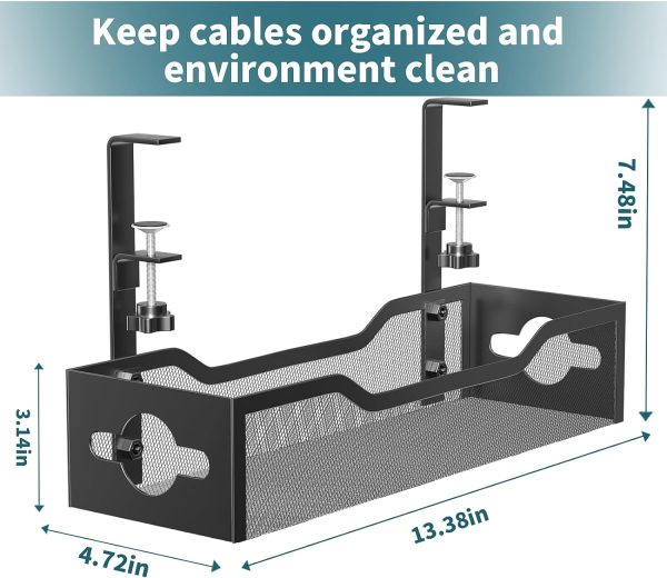 Under Desk Cable Management Tray, 15.7'' No Drill Steel Desk Cable Organizers, Wire Management Tray Cable Management Rack, Desk Cable Tray with Wire Organizer and Desk Cord Organizer - Image 2