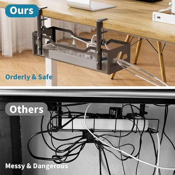 Under Desk Cable Management Tray, 15.7'' No Drill Steel Desk Cable Organizers, Wire Management Tray Cable Management Rack, Desk Cable Tray with Wire Organizer and Desk Cord Organizer - Image 5