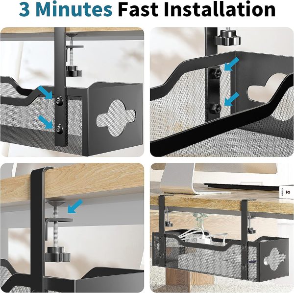 Under Desk Cable Management Tray, 15.7'' No Drill Steel Desk Cable Organizers, Wire Management Tray Cable Management Rack, Desk Cable Tray with Wire Organizer and Desk Cord Organizer - Image 7