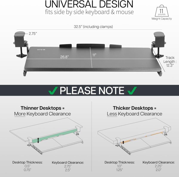 Large Keyboard Tray Under Desk Pull Out with Extra Sturdy C Clamp Mount System, 27 (33 Including Clamps) x 11 Inch Slide-Out Platform Computer Drawer for Typing, Black, MOUNT-KB05E - Image 3