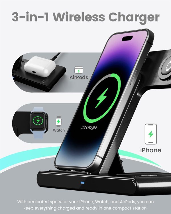 Wireless Charger iPhone Charging Station: 3 in 1 Charger Stand Multiple Devices for Apple - iPhone 16 15 14 Pro Max 13 12 11 - Watch 10 9 8 7 6 5 4 3 2 SE and Ultra Series - Airpods 4 3 2 Pro - Image 6